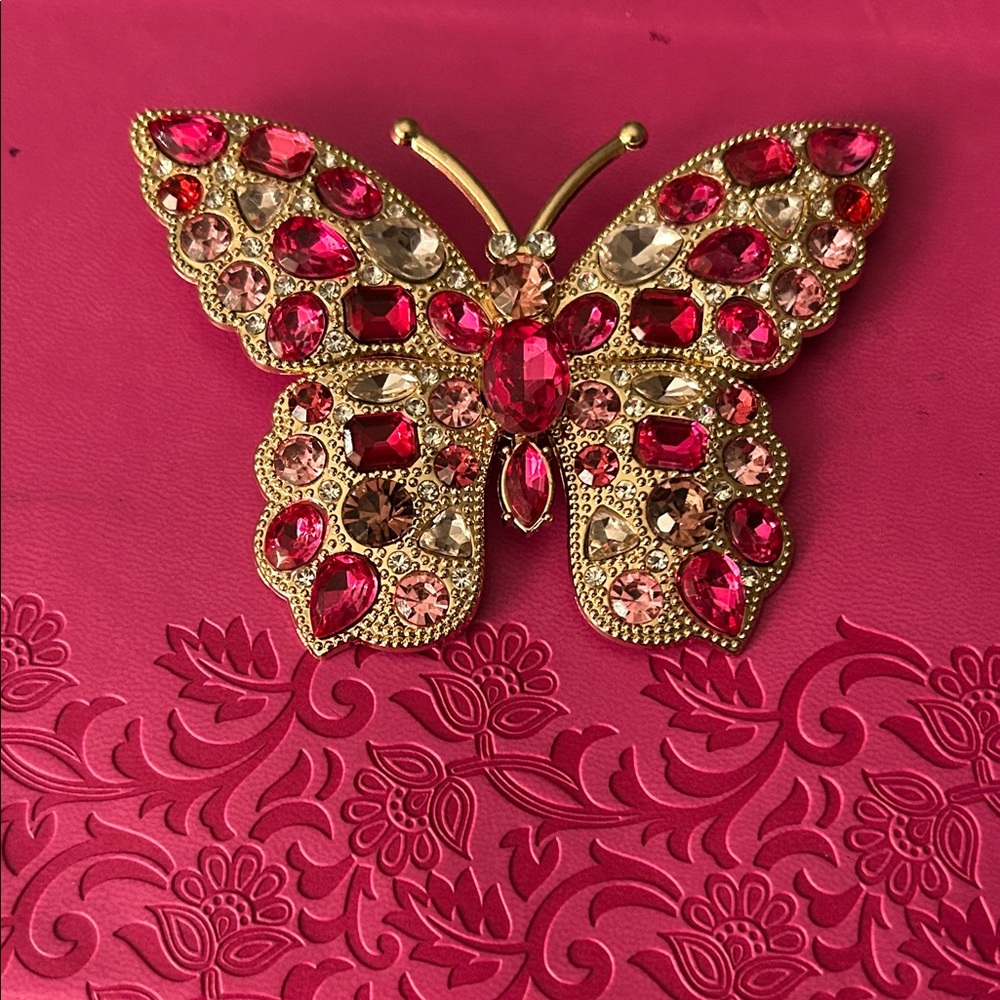 Elegant Pink and Gold Butterfly Brooch